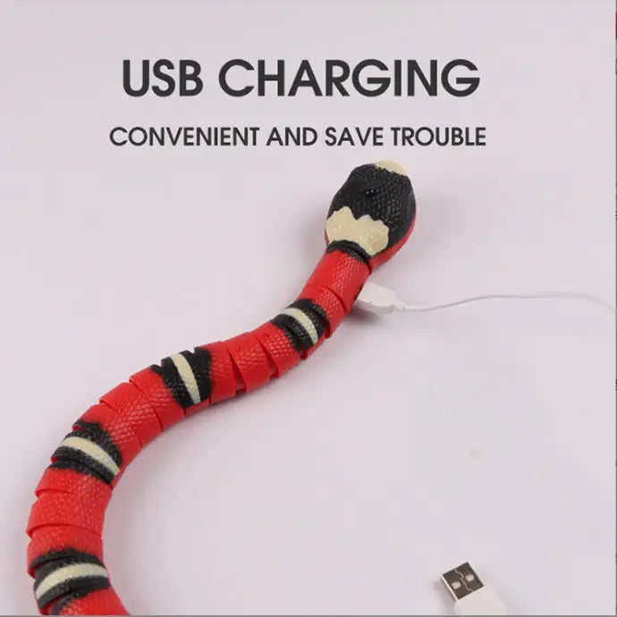 Smart moving snake toy for cats showcasing USB charging feature for easy convenience.