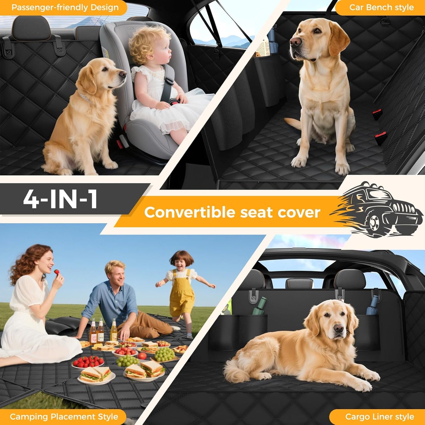 PawRoll Dog Car Seat Cover For Back Seat - 600D Heavy Duty Waterproof Scratch Proof Nonslip Seat Cover