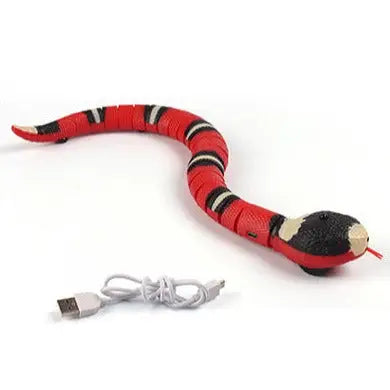 Smart moving snake toy for cats with sensor, featuring a lifelike design and USB charging cable.